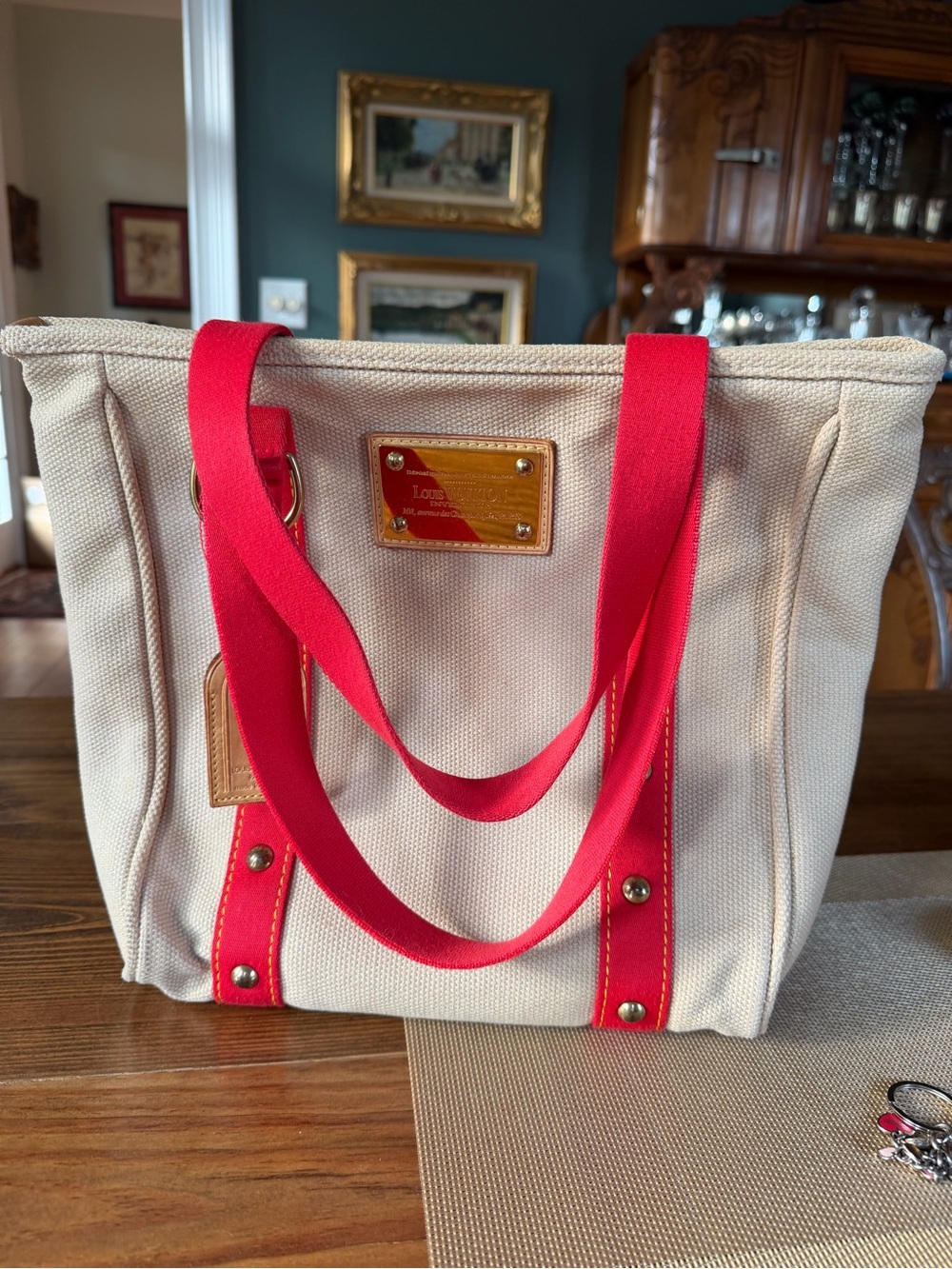 Louis Vuitton Antigua Cabas MM Beige Red Canvas Tote Bag Vintage LV